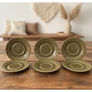 Homer Laughlin Sheffield Granada Olive Green Saucers, Set of 6, Vtg Dinnerware